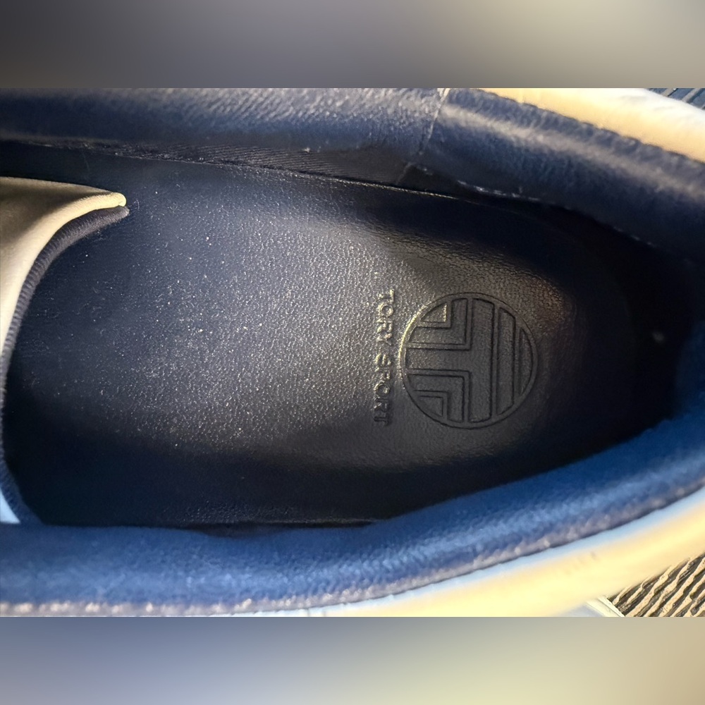 Tory Burch White and Navy Ruffle Trim Sneakers - Picture 8 of 10